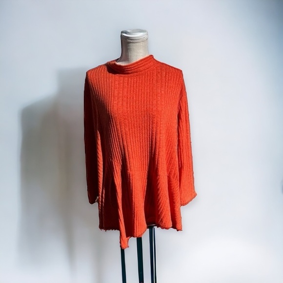 🌻Habitat Boho Lagenlook Relaxed Ribbed Knit Mock Neck Long Sleeve Top Size L - Picture 1 of 8